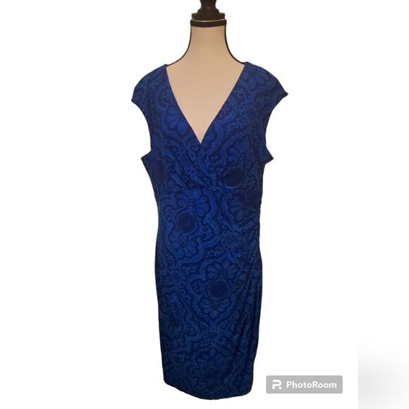 Lauren Ralph Blue Print Sheath Dress Size 16 - Picture 1 of 7
